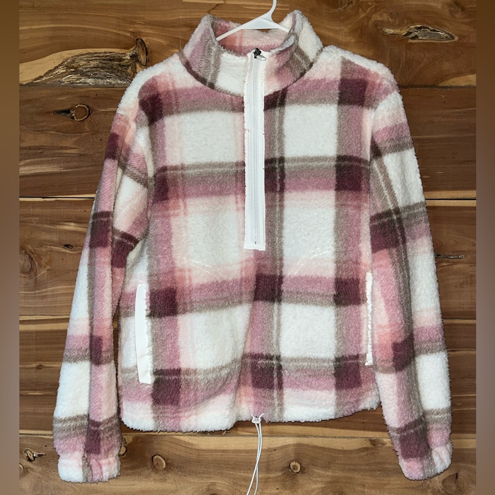Time and Tru Pink and Cream Plaid Fleece Pullover